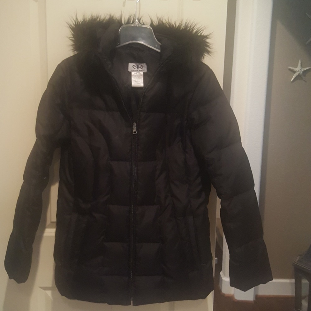 Black puffer jacket with fluffy hood